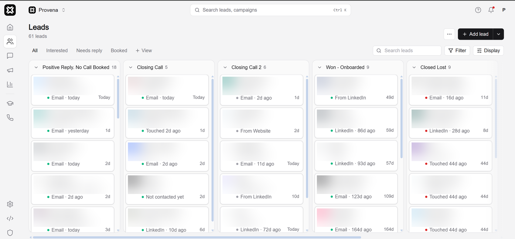 Provena CRM leads board by stage, from positive reply to won and closed lost, with every lead name and company blurred